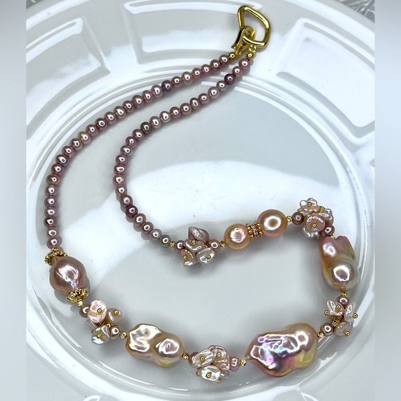 😍 Handmade Premium Freshwater Keshi Edison Flameball Pearl Golden Pink Necklace
